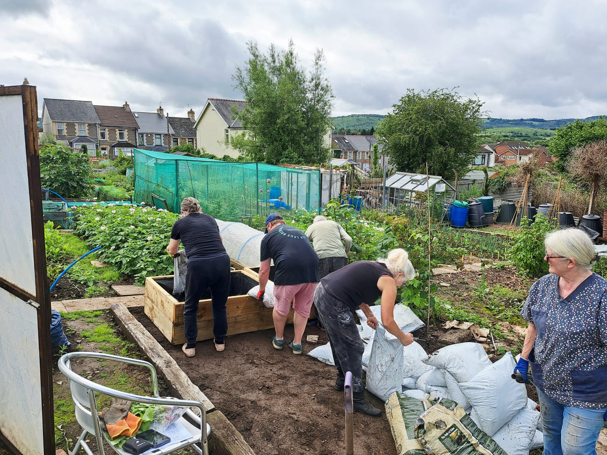 Volunteers fill newly-constructed timber raised beds, against a background of growing potatoes and onions, greenhouses, compost bins and a fruit cage, with the houses of St Mary Street in the distance.